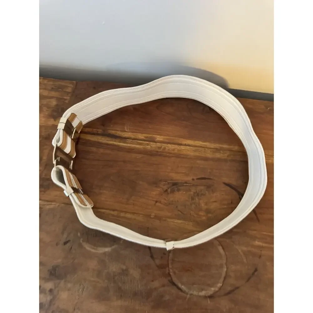 MONICA NEGREIROS Wide Belt White Canvas Tan Leather Silver Double Prong